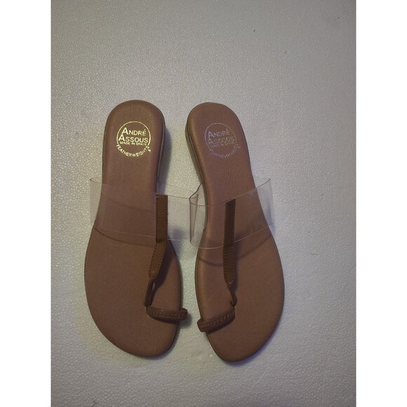 André Assous Clear Strap Brown Leather Flat Sandals Made in Spain - Picture 1 of 5